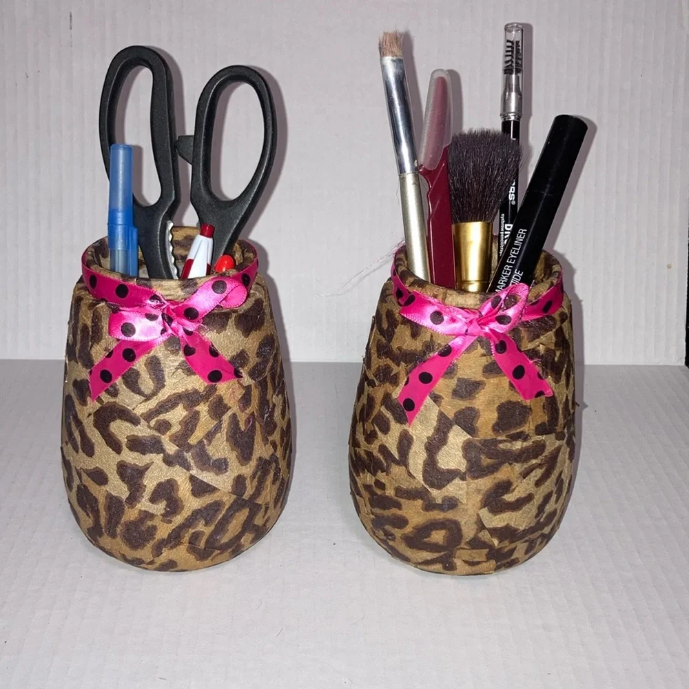 Makeup Brush Hair Brush Pen Pencil Display Cheetah Leopard Storage Jars SET of 2